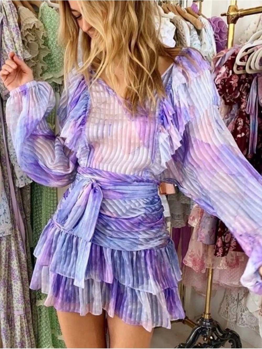 LoveShackFancy Moxie Dress Raindrop Silk Mini Lavender Lilac Ruffle Neck Dress